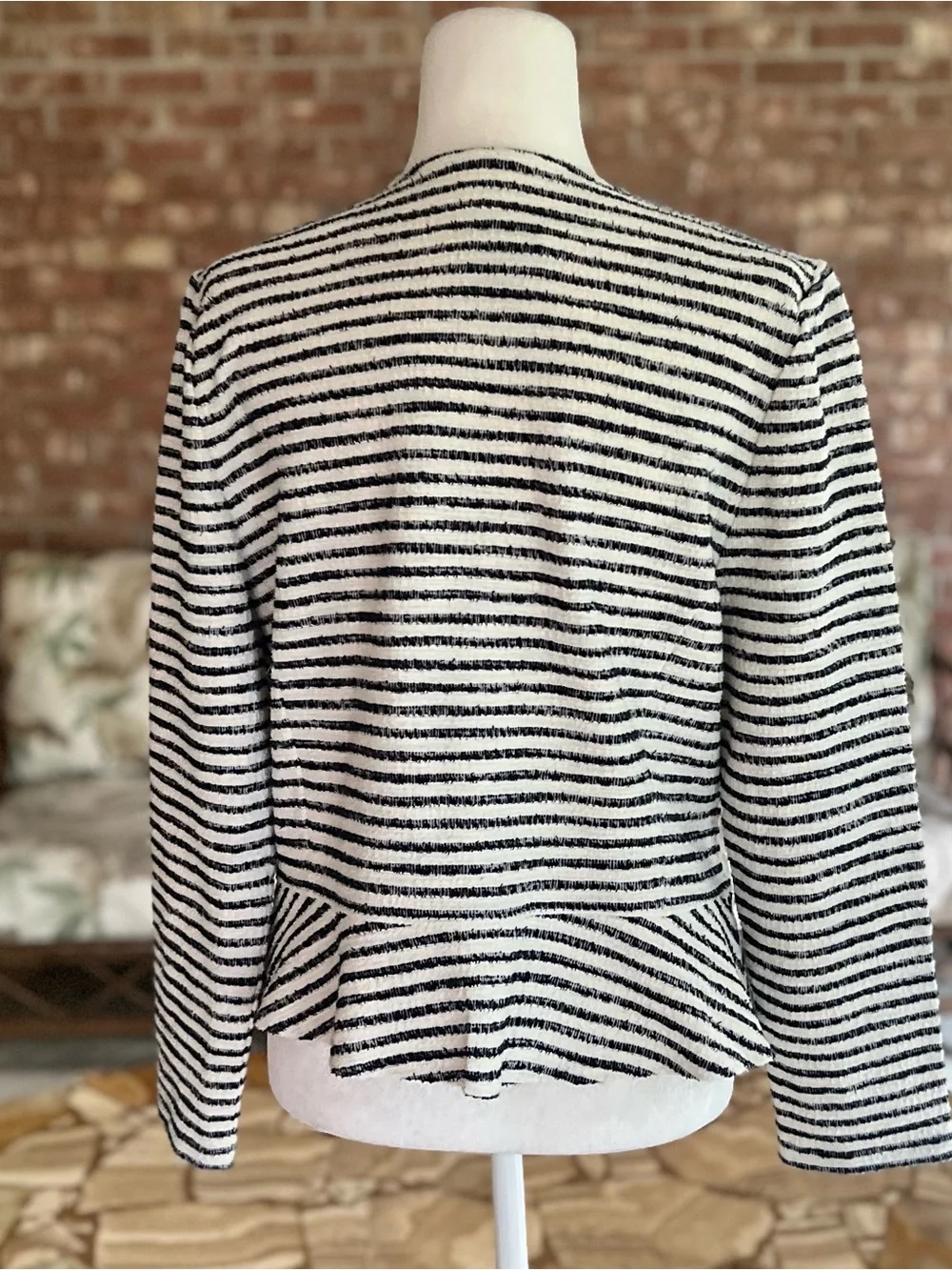 Loft Tweed Open Front Peplum Navy Blue Off White Stripe Blazer M Nautical Preppy